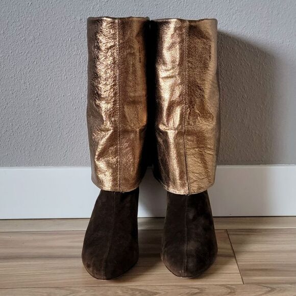 Cynthia Vincent Metallic Suede Leather Over the Knee Boots in Brown & Gold - Picture 3 of 15